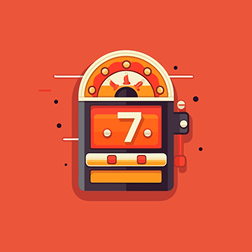 flat vector logo of circle with old classic slot machine with reels displaying 777, red orange gradient, simple minimal