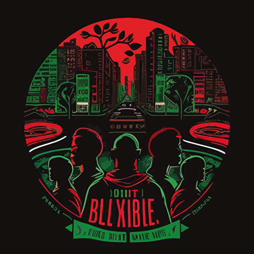 brooklyn view in a tribe called quest cover style, red and green on black background, vector illustrated, flat design