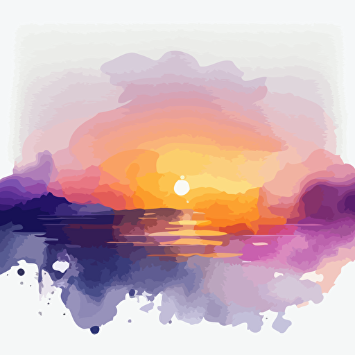 watercolor effect of sunrise over the ocean, dreamy, white background, fading edges, navy, orange and purple, happy, celebration, vector art, refined edges