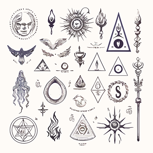 mystical alchemy symbols, hand drawn vector, white background, minimalist