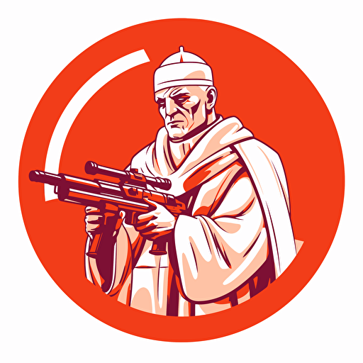 2D vector icon. Pope with a machine gun. Red and whitecolor theme. circle shape. White background