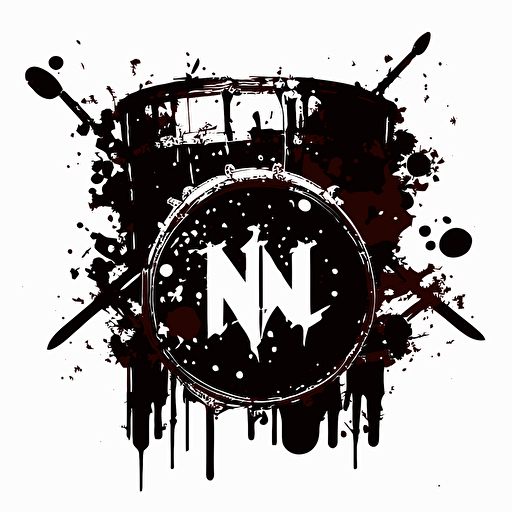 vector logo of bass drum with initials NM splattered on the skin with black ink. White background.