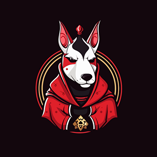 logo design, flat 2d vector logo of a battle warrior bull terrier wearing kimono suit, red and black colors