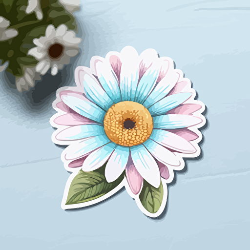sticker vector design, cartoon drawing, single daisy flower, top view, pink and blue, white background, vivid colors