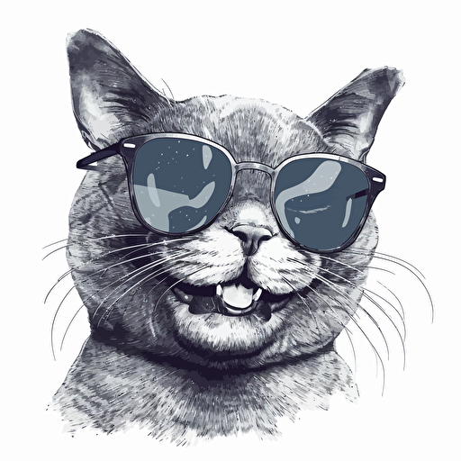 funny cat wearing dark sunglasses and laughing and smiling real big while he's enjoying life, white background, vector
