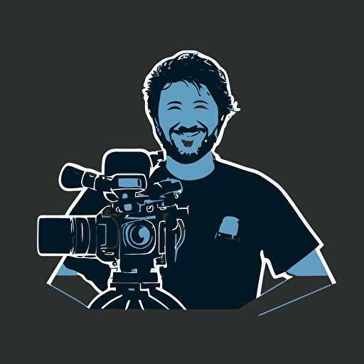 silhoette of professional filmmaker, facing camera, arms crossed, smiling, sleeves rolled up, blue color, gray background, simple design, vector style, white outline over silhouette