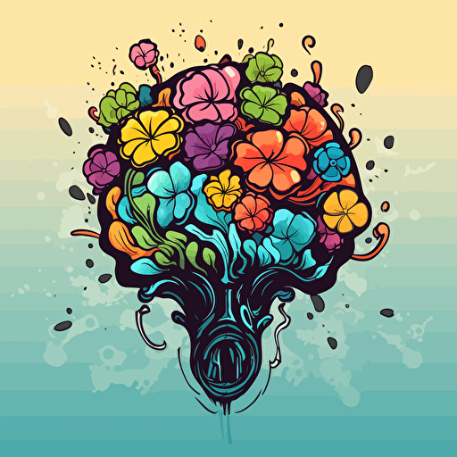 brain with flowers growing from it, deklart, graffiti style, marvel comic book style, vector illustration,