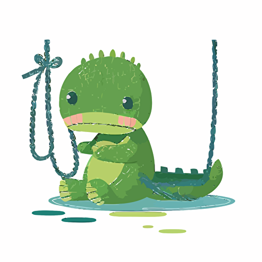 sad baby alligator with a rope around his mouth sitting by the river, white background, flat color vector art