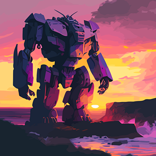a giant robot statue on an exotic coast line. Colorful sunset of purples and yellows