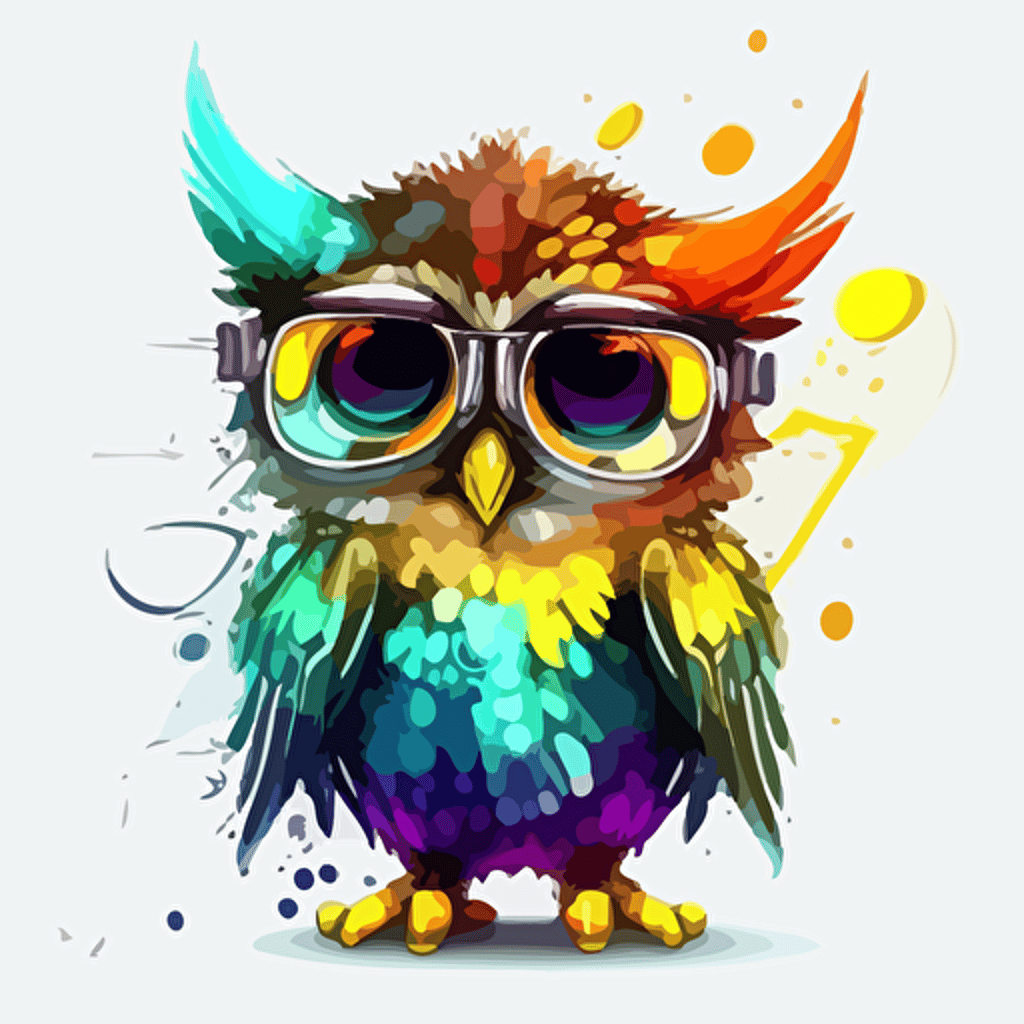 a very cute baby owl wearing very big sunglasses dressed up as a rock star, as a cartoon type, as a vector, white background, bright graffiti colors