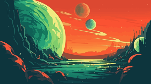 a green and orange planet in space, vivid, multiple moons, flat vector illustration