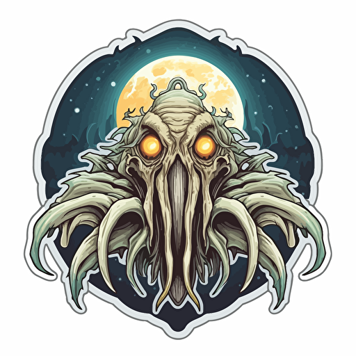 lovecraft monster, full moon, sticker, white background, vector
