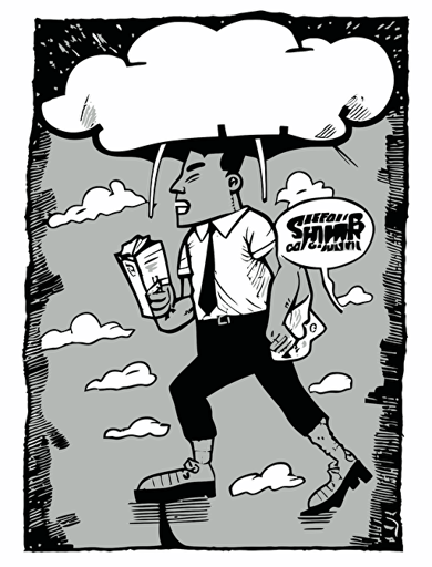 Ben Shahn, American comic book's inner paper style. There are an Asian young climate activist, a delivery rider, a female human rights activist, and a worker, and they imagine a "hammer" together on a big stage, hammer illust in a thought cloud, non-letter illustration. white background, vector drawing.