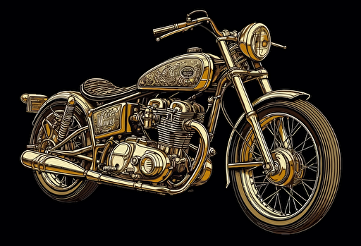 simple vector art of a motorcycle with a long stroke engine is on display, in the style of gold leaf accents, award winning, zuckerpunk, dark brown and silver, unpolished, midwest gothic, rollei prego 90