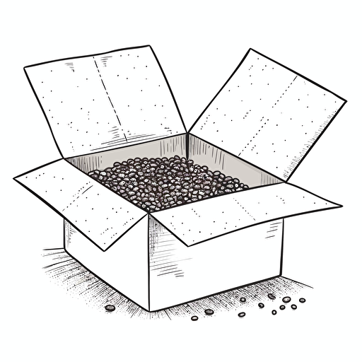 Open cardboard box with coffee beans inside, black ink, white background, line drawing, vector, simple, minimalist