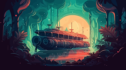 a ship entering the atmosphere of an undiscovered jungle-like planet, the ships heats up as it enters the atmosphere, flat vector illustration