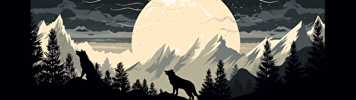 vector illustration of a howling wolfpack, mountain and pine scenery