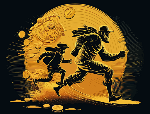 vector of robbery chasing victim and carrying gold copyright coins, in the style of code-based creations, innovating techniques