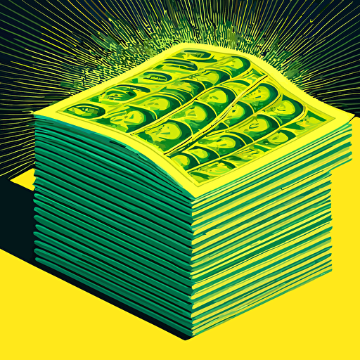 A huge pile of millions of US dollars. Illustration in vector, green and yellow tones, in the style of 80's advertising.