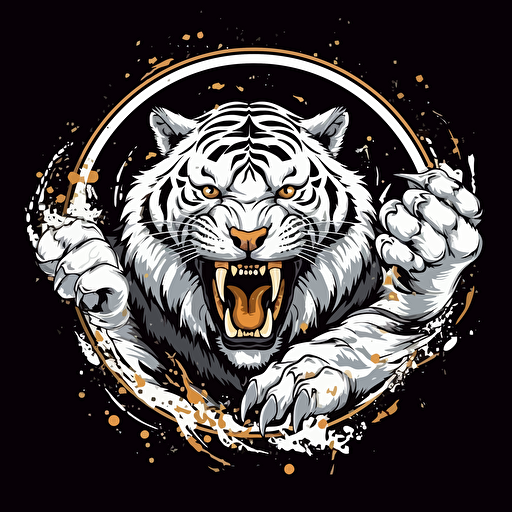 white tiger with gold tooth. Flexing biceps. Oval frame. Highly detailed. Vector image. Drawing. Paint splatter. Drips. Black background