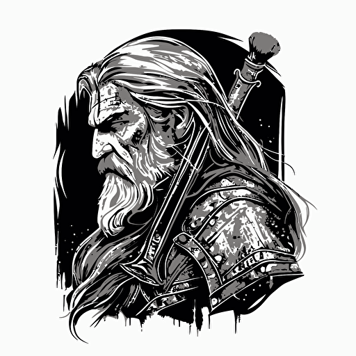 Old man with long hair knight doodle vector ilustration black and white