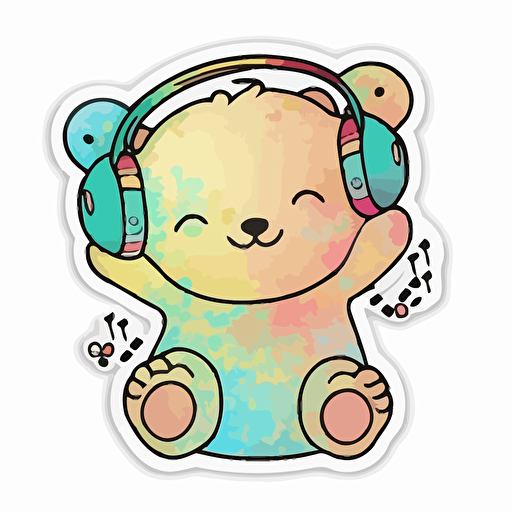 sticker, happy colorful bear wearing headphones, kawaii, contour, vector, white background s 250