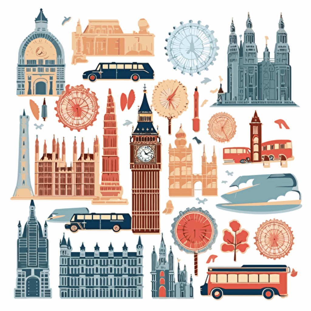 a set of stickers paper cutouts for scrapbooking collage UK themed. Vector image of Westminster London, full view, highly quality, no text, illustration, morning light, no text