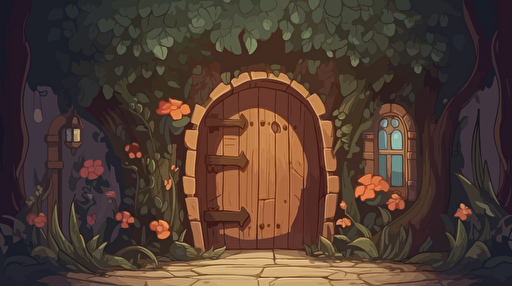 Cozy fantasy Large curved wooden doorframe with portal inside leading to other dimension with colorful flowers and trees with leaves blowing through the doorway. Vector illustration. 2D hand drawn cartoon animation style with bright colors.