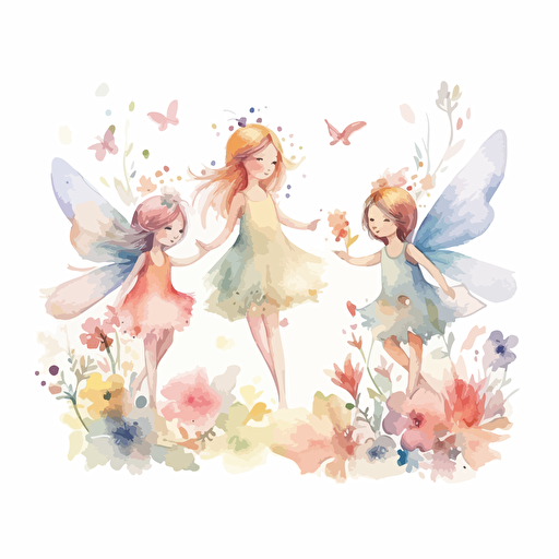 whimsical watercolor fairies flying around and flowers in pastel hues, enchated, cute, for kids, Vector