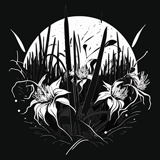 black and white logo, flat vector art, bed of spider lilies, katana sticking into the ground in middle,