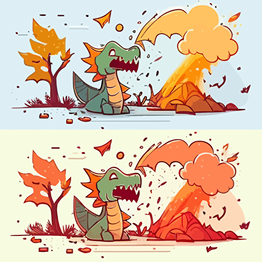 draw a 2D vector, cartoon, happy scene about flying dragon throwing fire from its mouth, a simple drawing, in color but bordered with a black line, flat drawing and without details on a white background