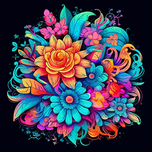 dozens of flowers, surrounded by elegant colorful motifs, 2d vector, neon colours, epic composition, vector design on the edges of the image