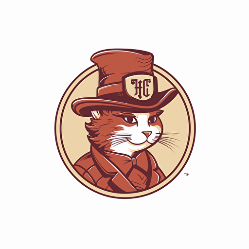 logo design, flat 2d vector logo of a cat wearinf a fez, muted brown and red colors, 80s, doctor who-inspired, white background