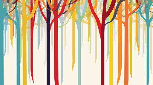 long colourful ribbons hanging vertically from trees, illustration style, vector, simple
