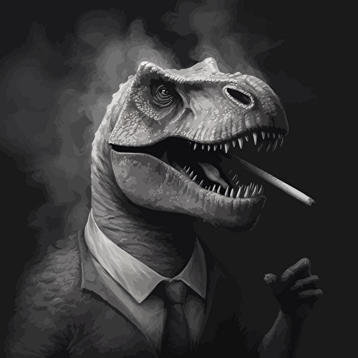 t-rex smoking a cigarette, vector art, 2d, grey tones