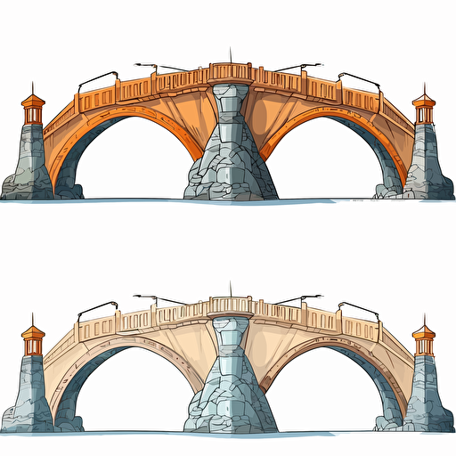 draw vector cartoon style on white background variation of bridge with high arches without scenery, use top side view