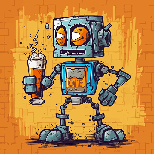 robot holding a beer, cartoon graffiti, vector