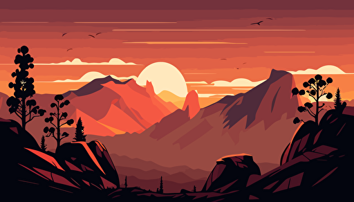 craggy mountain landscape, sunset, vector illustration style,