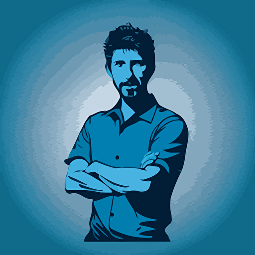 silhoette of professional young gaffer, facing camera, arms crossed, smiling, sleeves rolled up, blue color, gray background, simple design, vector style, white outline over silhouette