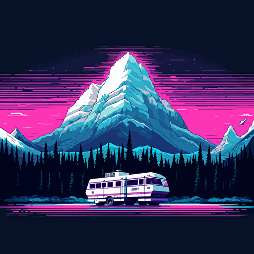 shuttle in front of lake Louise mountain logo, pixel art Neon, pink blue white and black, vector simple, fun, creativity, playfulness, high quality