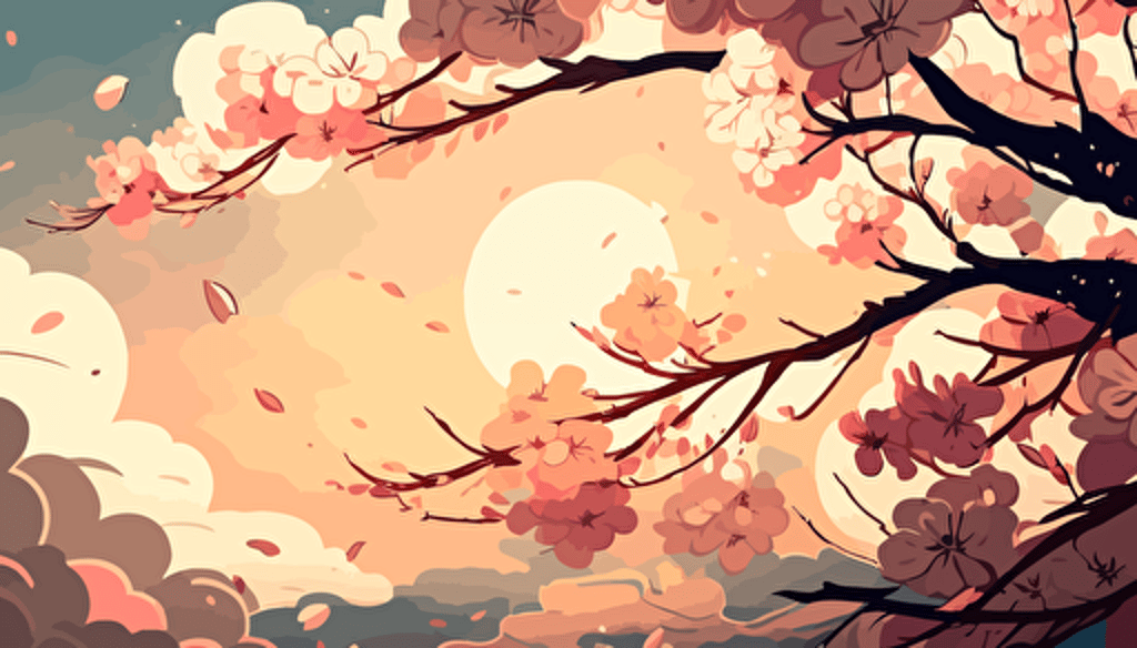vector style cherry blossom under the setting sun, petals in air, beautiful clouds, pastel colors v 5