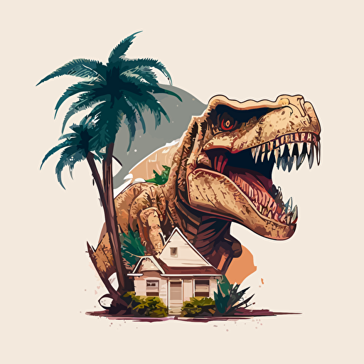 a one story house with some palm trees in the front and the top half of a t-rex coming out of the roof with a white background, cartoon vector style