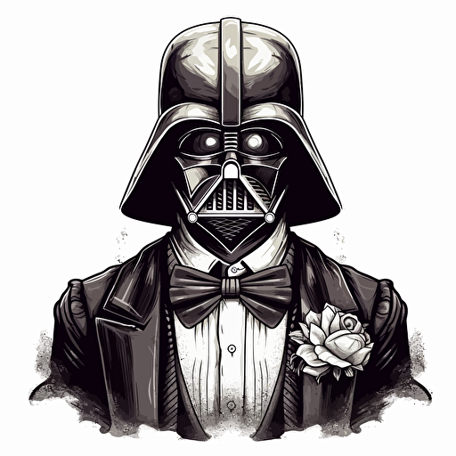 draw black white dark vader , with gentelman- with bow- style vector art stencil v5