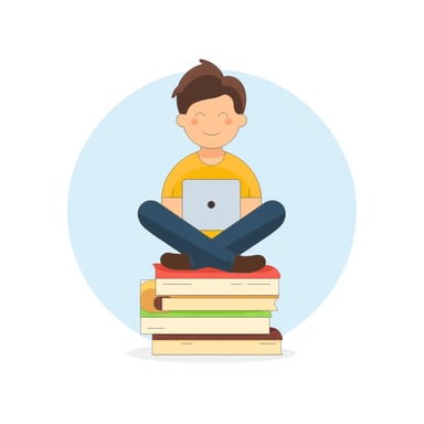 a person sitting on books