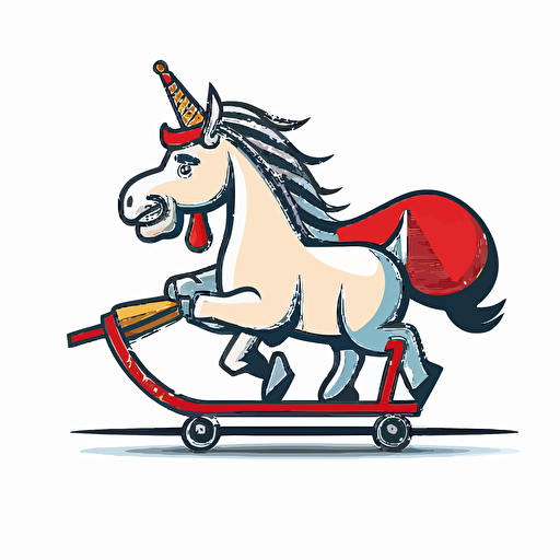 funny unicorn pulling santas sled, vector logo, vector art, emblem, simple cartoon, 2d, no text, white background