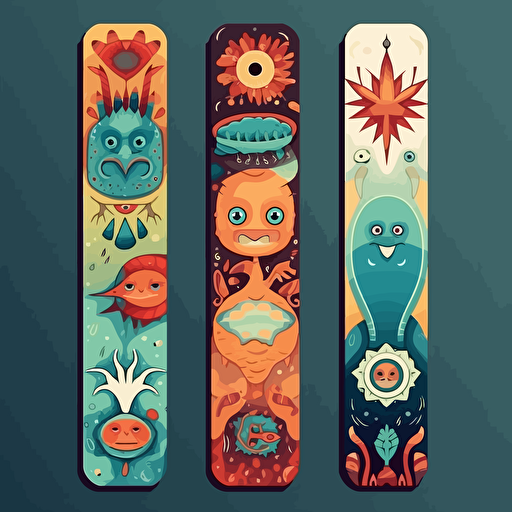 bookmark, illustration, ultimate frisbee, anthropomorphic creatures, inspired by elements of nature, 5-color cold palette , vectorized illustration, colors not repeating side by side, geometric shapes and curves.