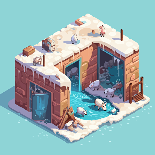isometric cartoon vector style image of an icy enclosure, dirty, broken, no animals