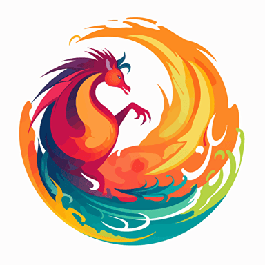 combination of unicorn and phoenix, colourful vector style, bending in itself, unicorn horn, phoenix tails, fire around it, in a roundel similar to the firefox logo