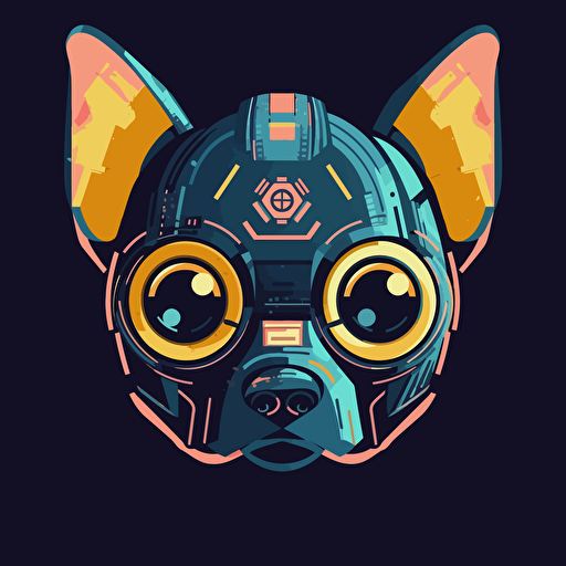 straight-on reduced color palette simplified minimal vector illustration iconic avatar profile picture of a cyberpunk chihuahua head with big eyes on dark solid color background, googie style, symmetry