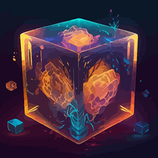 A radiant digital cube stands out in a vivid bazaar, its distinctive traits protected by a transparent barrier of ownership, while the whirl of symbols and transactions animates the atmosphere,GUI,WEB UI,VECTOR,trending ondribbble